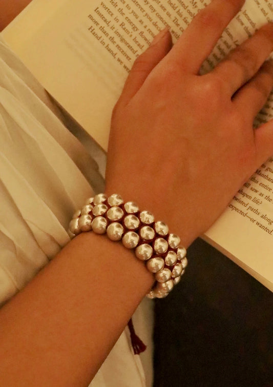Round Dholki Beads Silver Bracelet