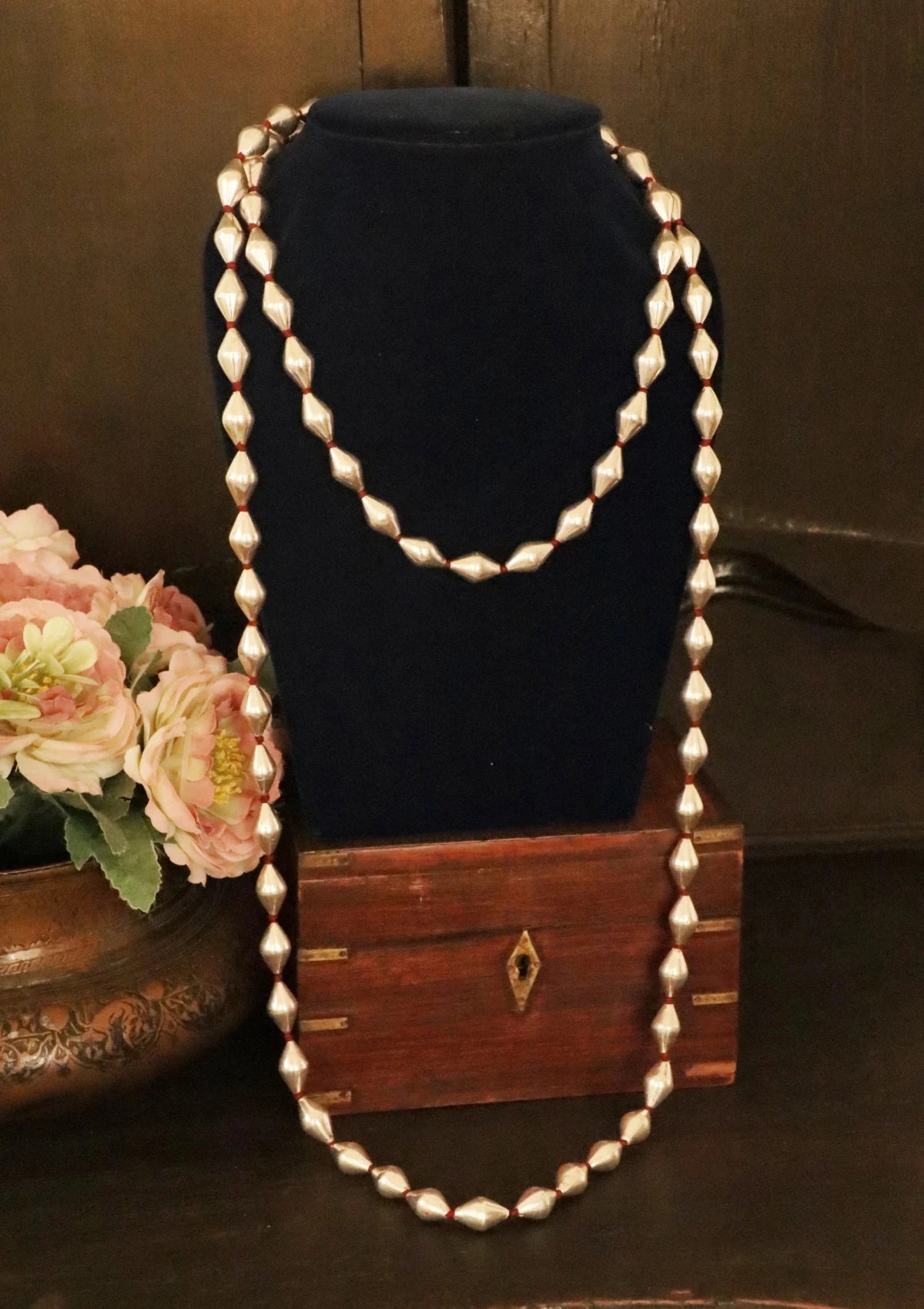Long Dholki Beads Silver Necklace