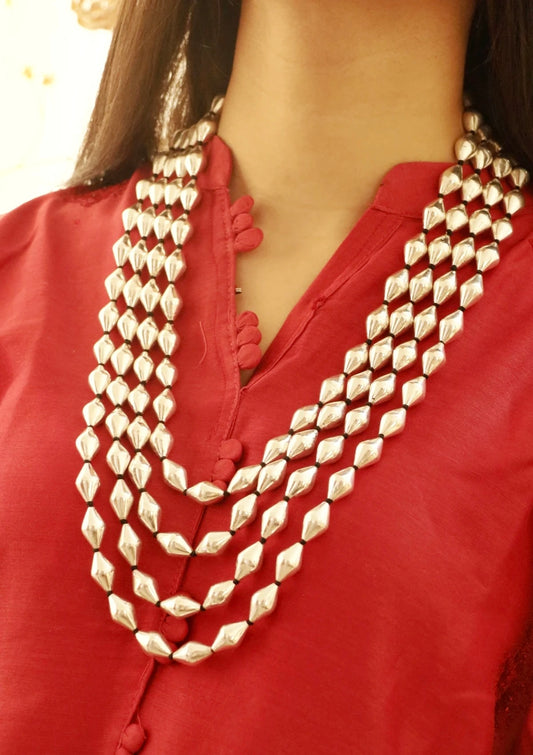 Dholki Beads 4 Layer Silver Necklace