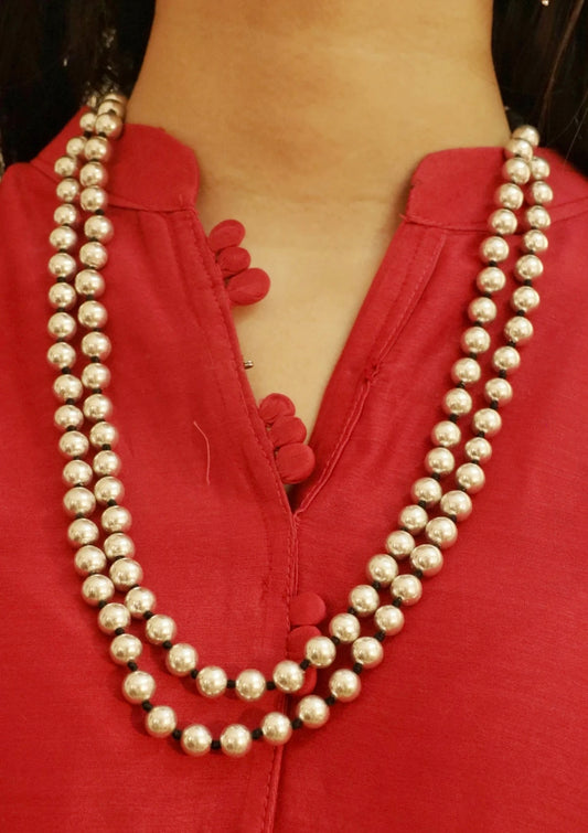 Round Double Layered Dholki Bead Silver Necklace