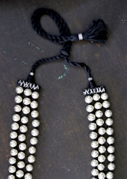 Round Three Layer Dholki Beads Silver Necklace
