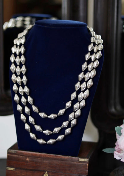 Three Layered Dholki Beads Silver Necklace