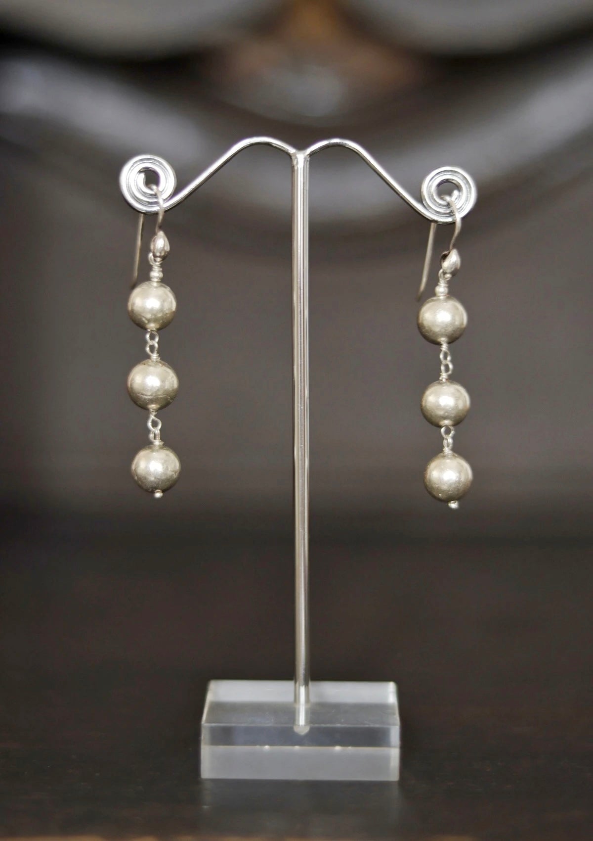 Long Dholki Beads Silver Earrings