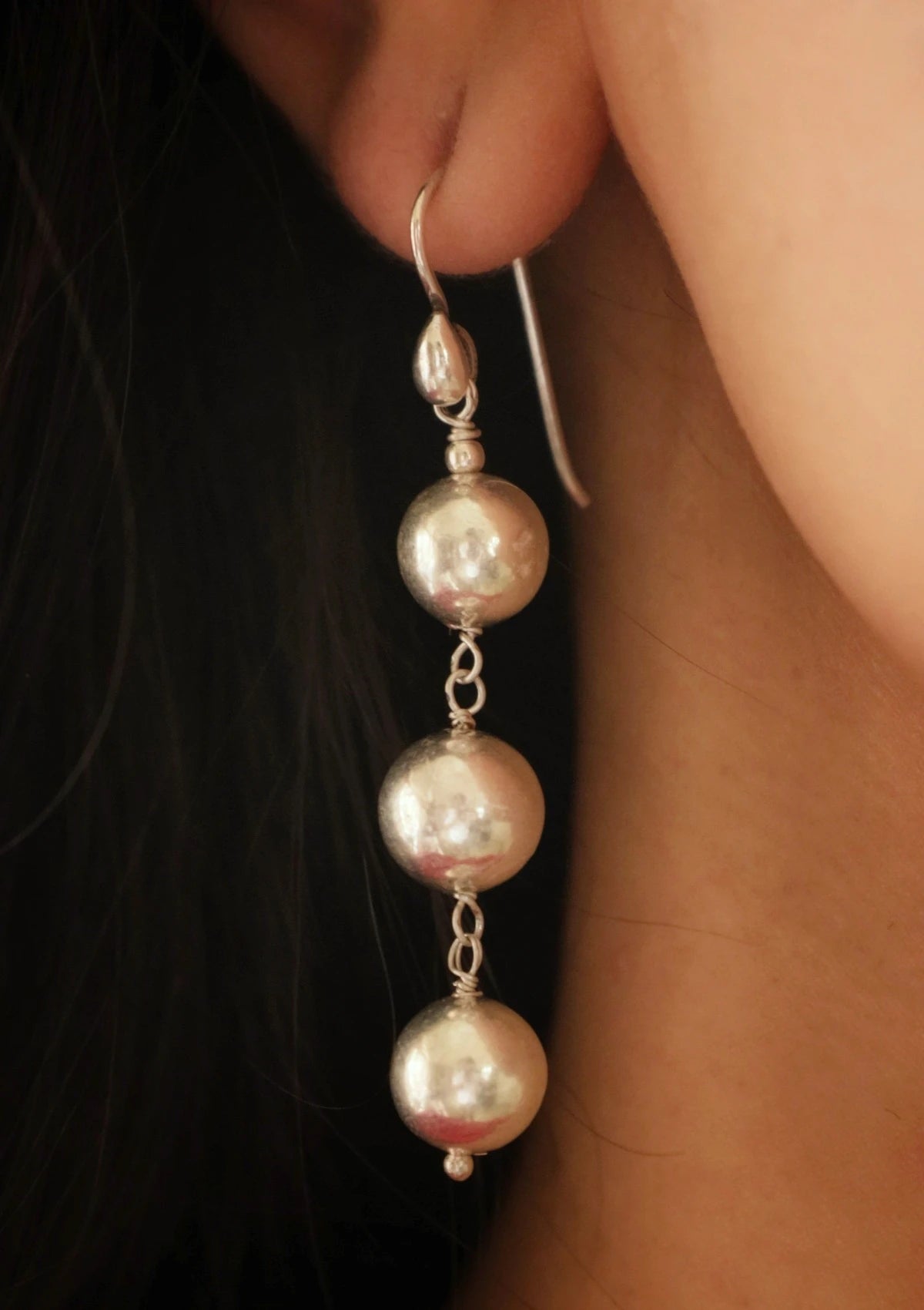 Long Dholki Beads Silver Earrings