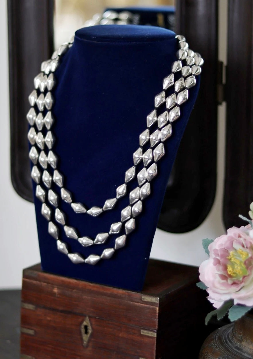 Three Layered Dholki Beads Silver Necklace