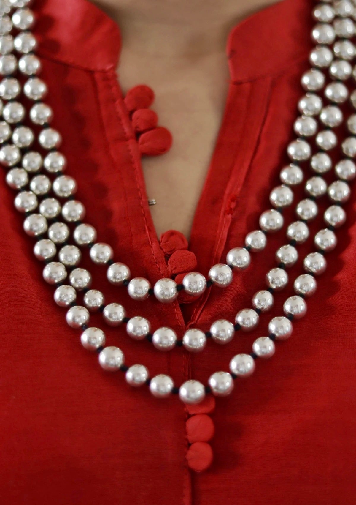 Round Three Layer Dholki Beads Silver Necklace