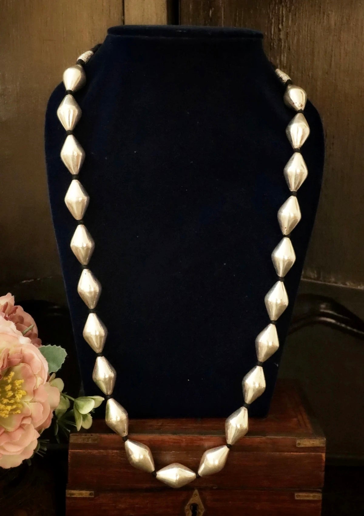 Large Silver Dholki Beads Necklace