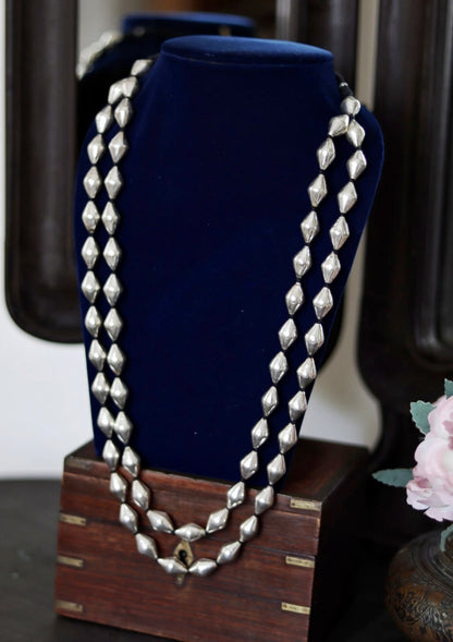 Double Layered Dholki Bead Silver Necklace