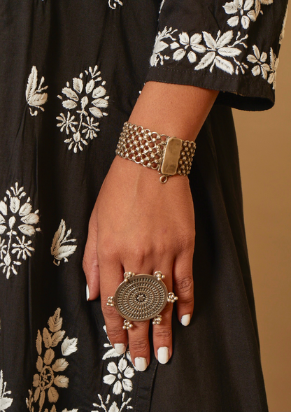Mandala flat ring with sterling silver and flat intricate design 