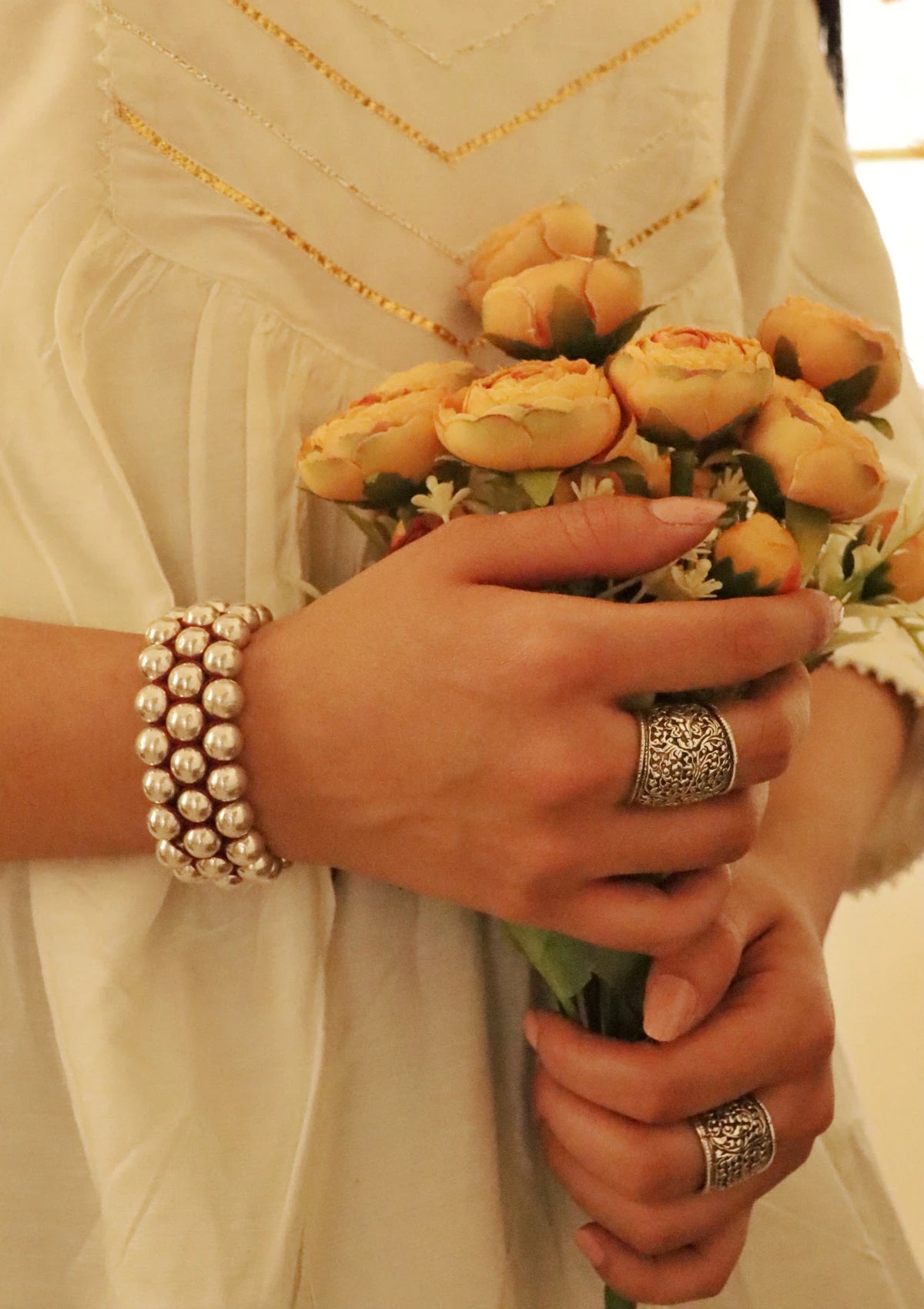 Round Dholki Beads Silver Bracelet