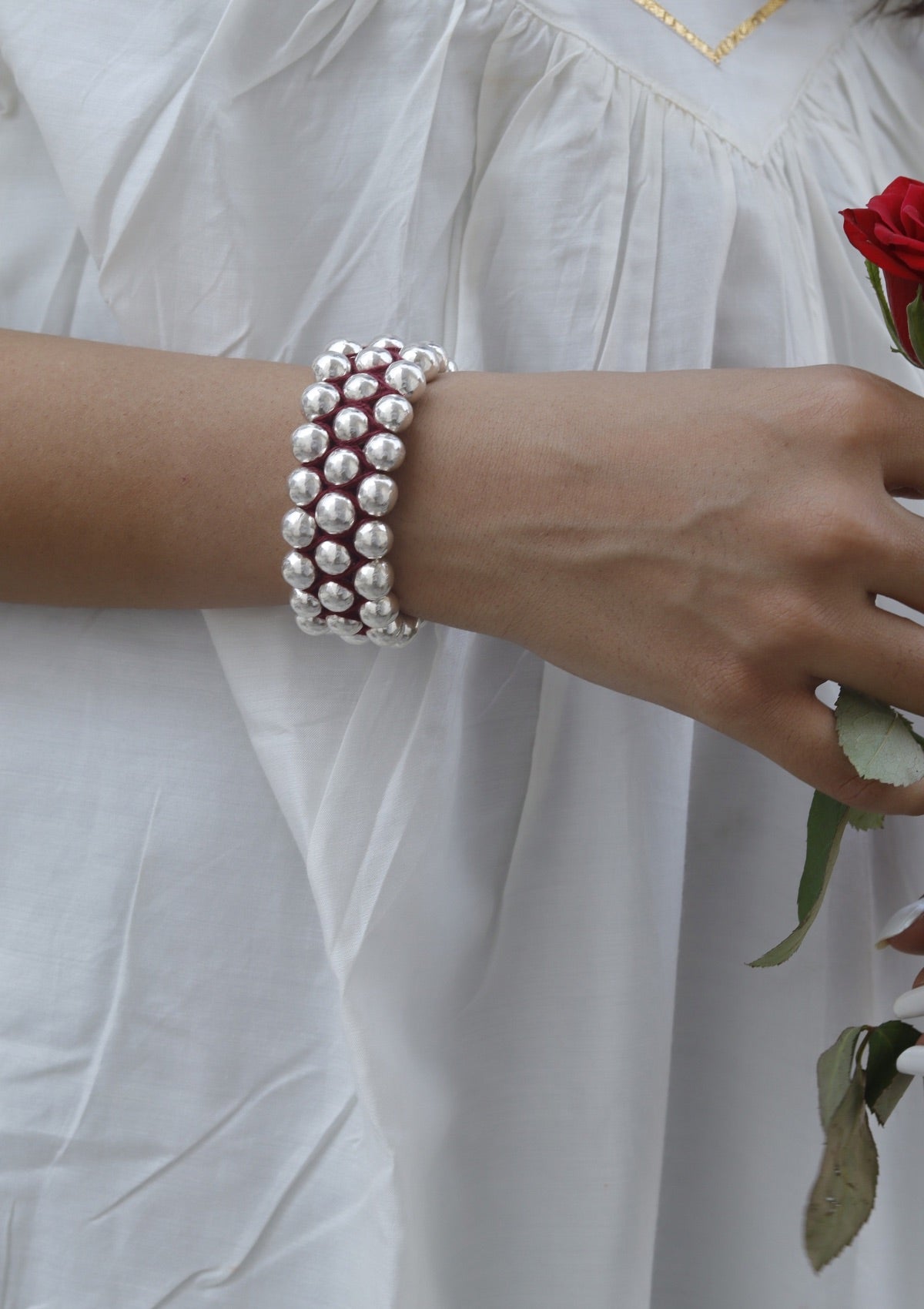 Round Dholki Beads Silver Bracelet