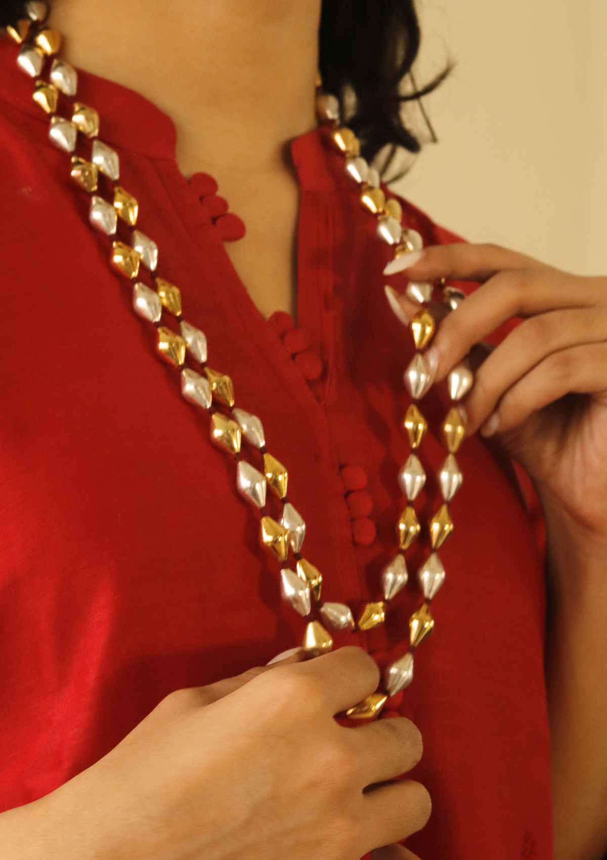 60 Inch Long Gold Silver Mix Dholki Beads Necklace