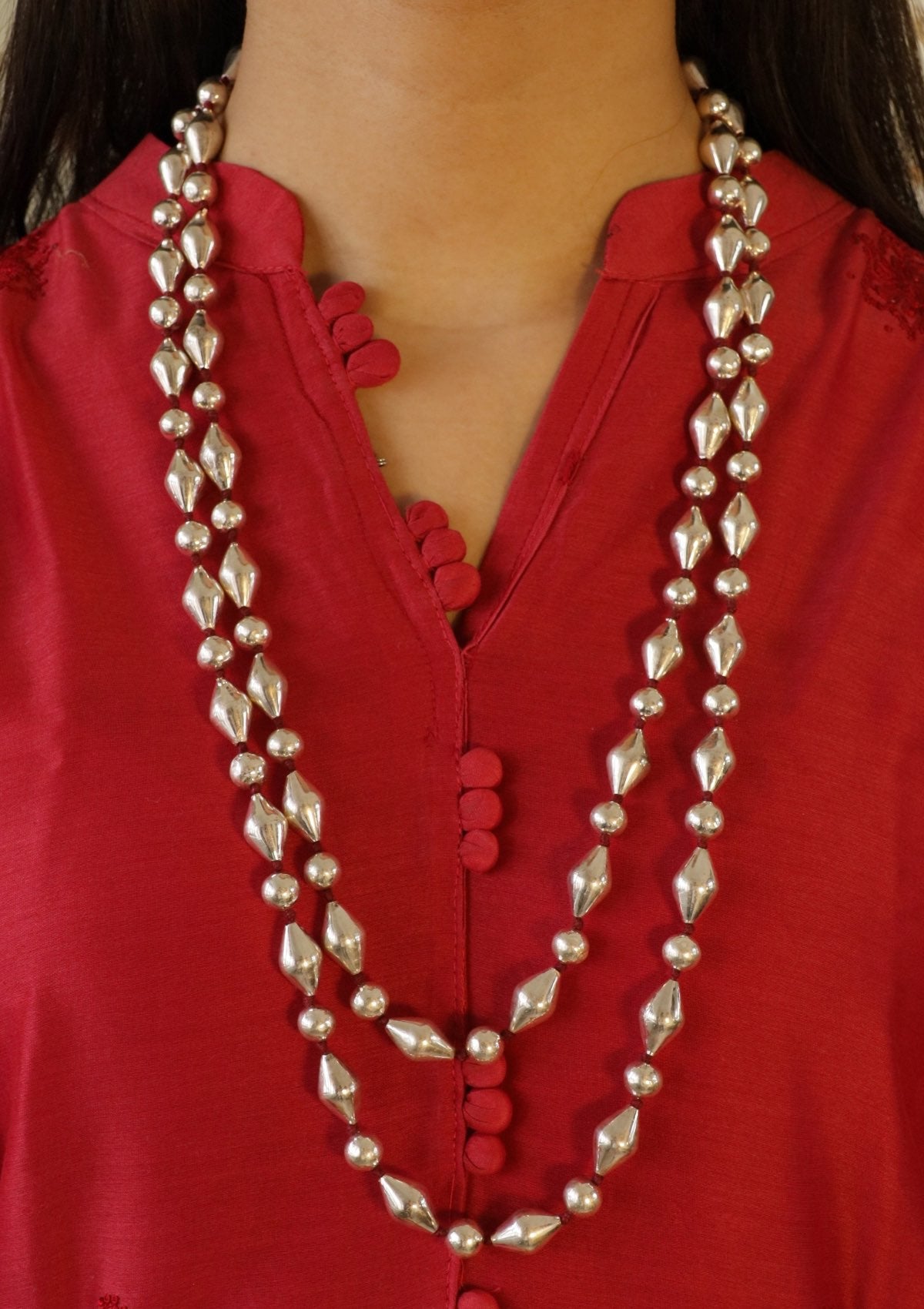 60 Inch Long Mix Dholki Beads Silver Necklace