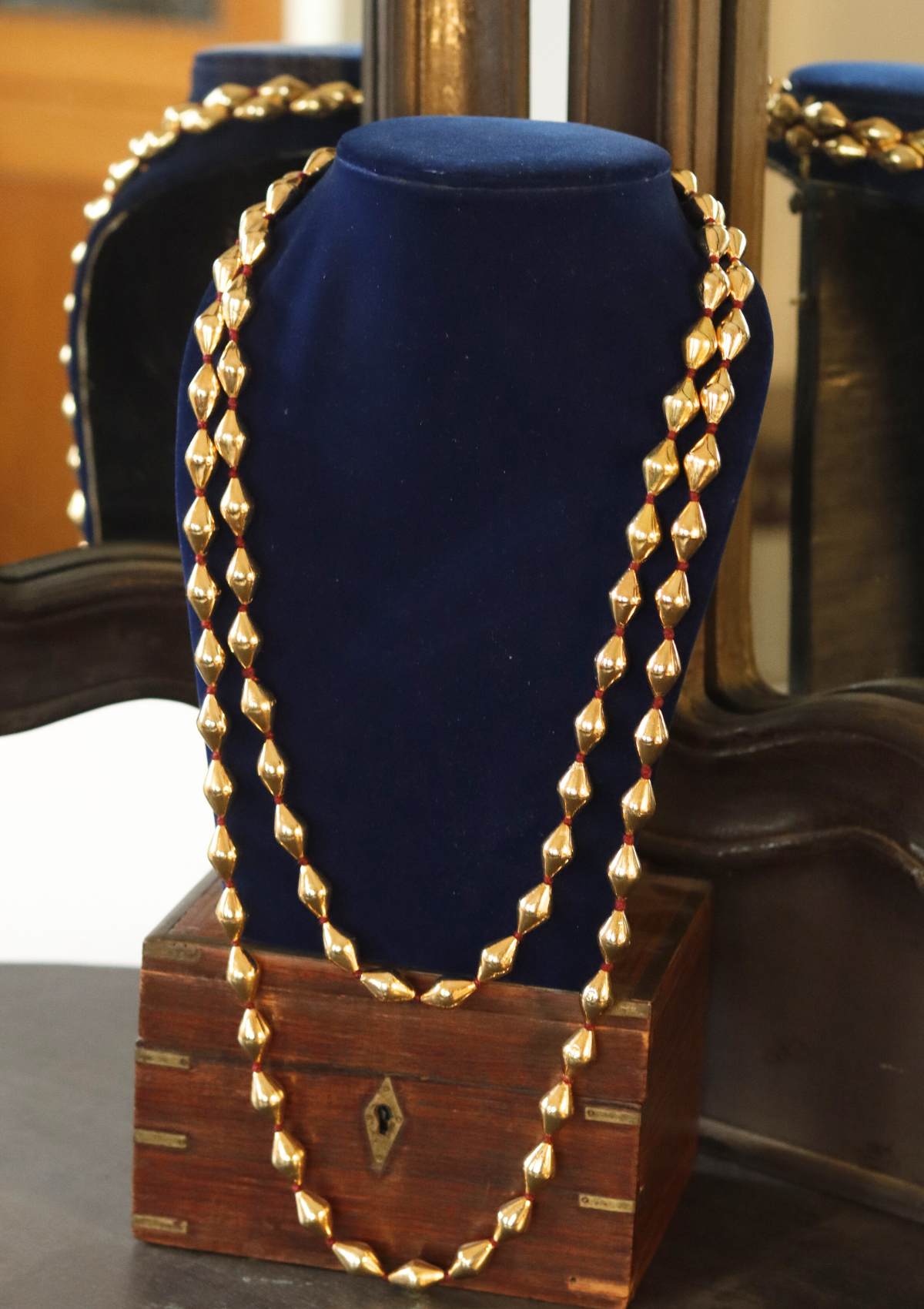 60 Inch Long Gold Plated Dholki Beads Silver Necklace