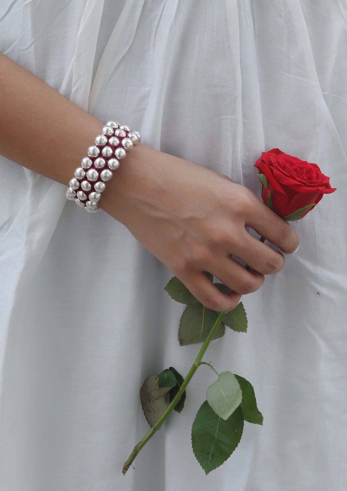 Round Dholki Beads Silver Bracelet