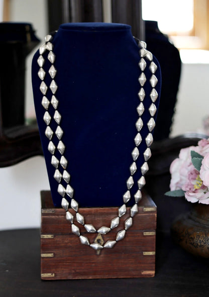 Double Layered Dholki Bead Silver Necklace