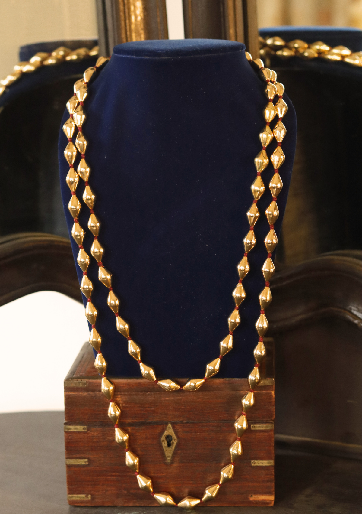 60 Inch Long Gold Plated Dholki Beads Silver Necklace