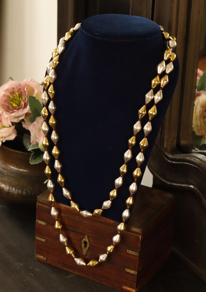 60 Inch Long Gold Silver Mix Dholki Beads Necklace