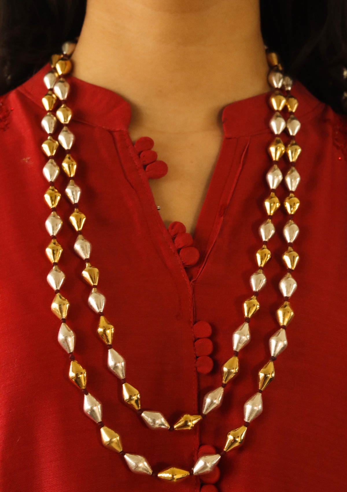 60 Inch Long Gold Silver Mix Dholki Beads Necklace