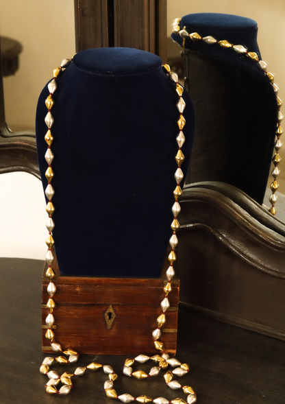 60 Inch Long Gold Silver Mix Dholki Beads Necklace