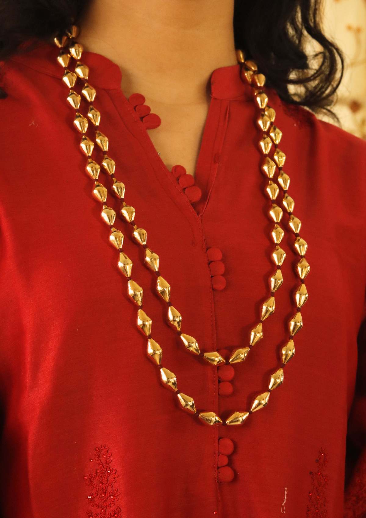 60 Inch Long Gold Plated Dholki Beads Silver Necklace