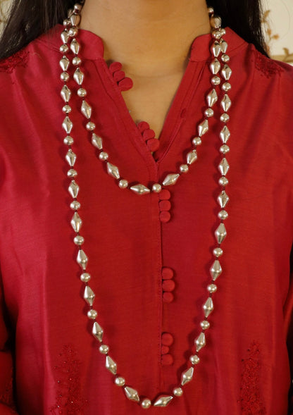 60 Inch Long Mix Dholki Beads Silver Necklace