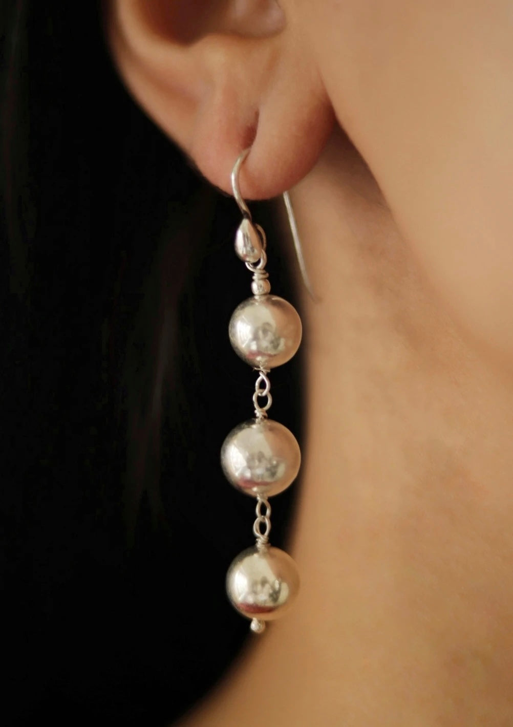 Long Dholki Beads Silver Earrings