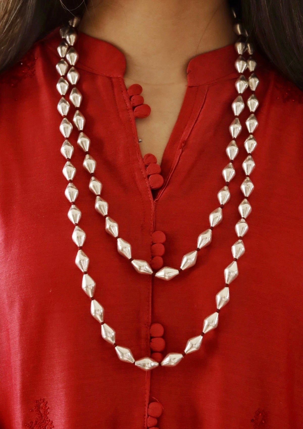 60 Inch Long Dholki Beads Silver Necklace