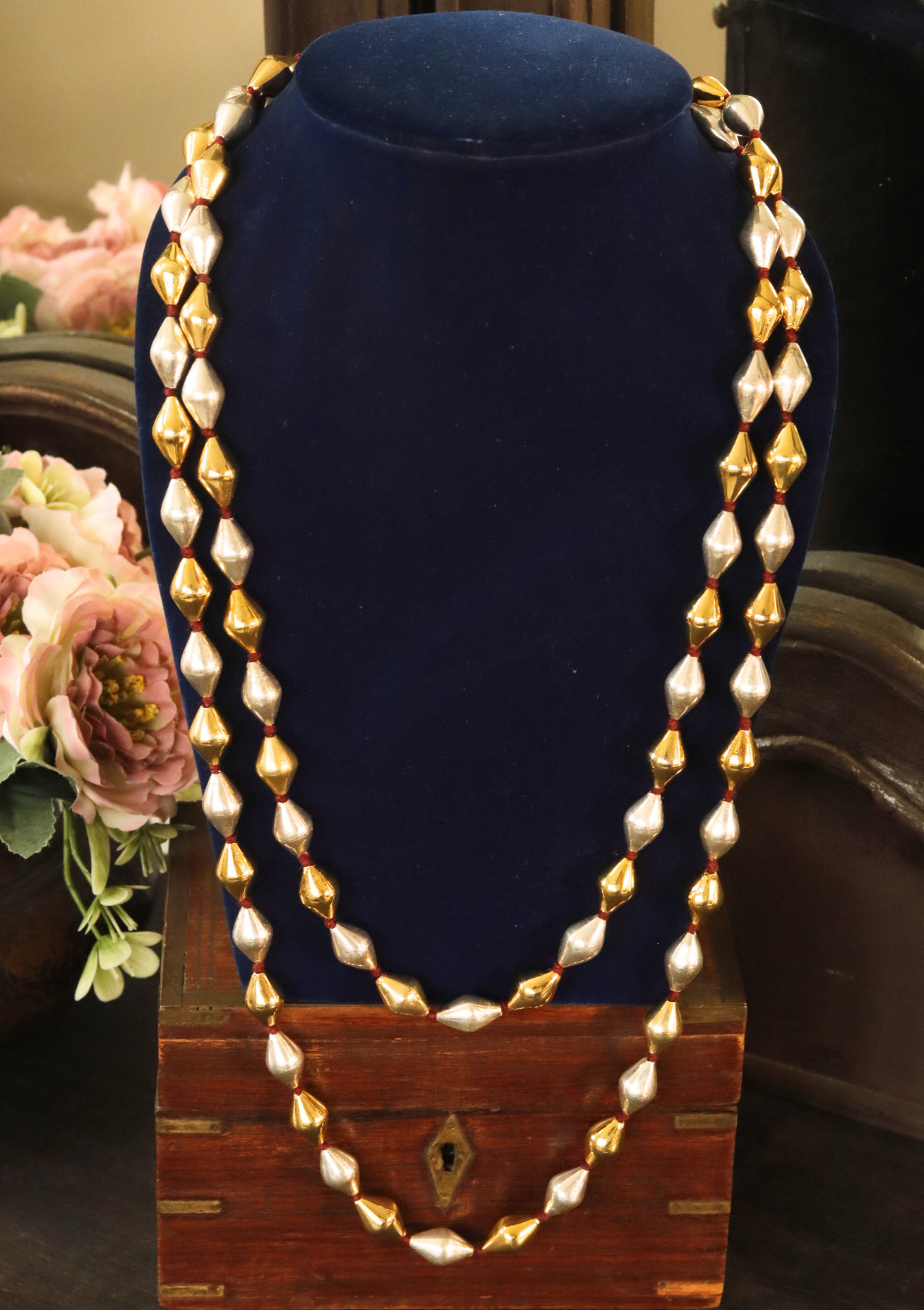 60 Inch Long Gold Silver Mix Dholki Beads Necklace