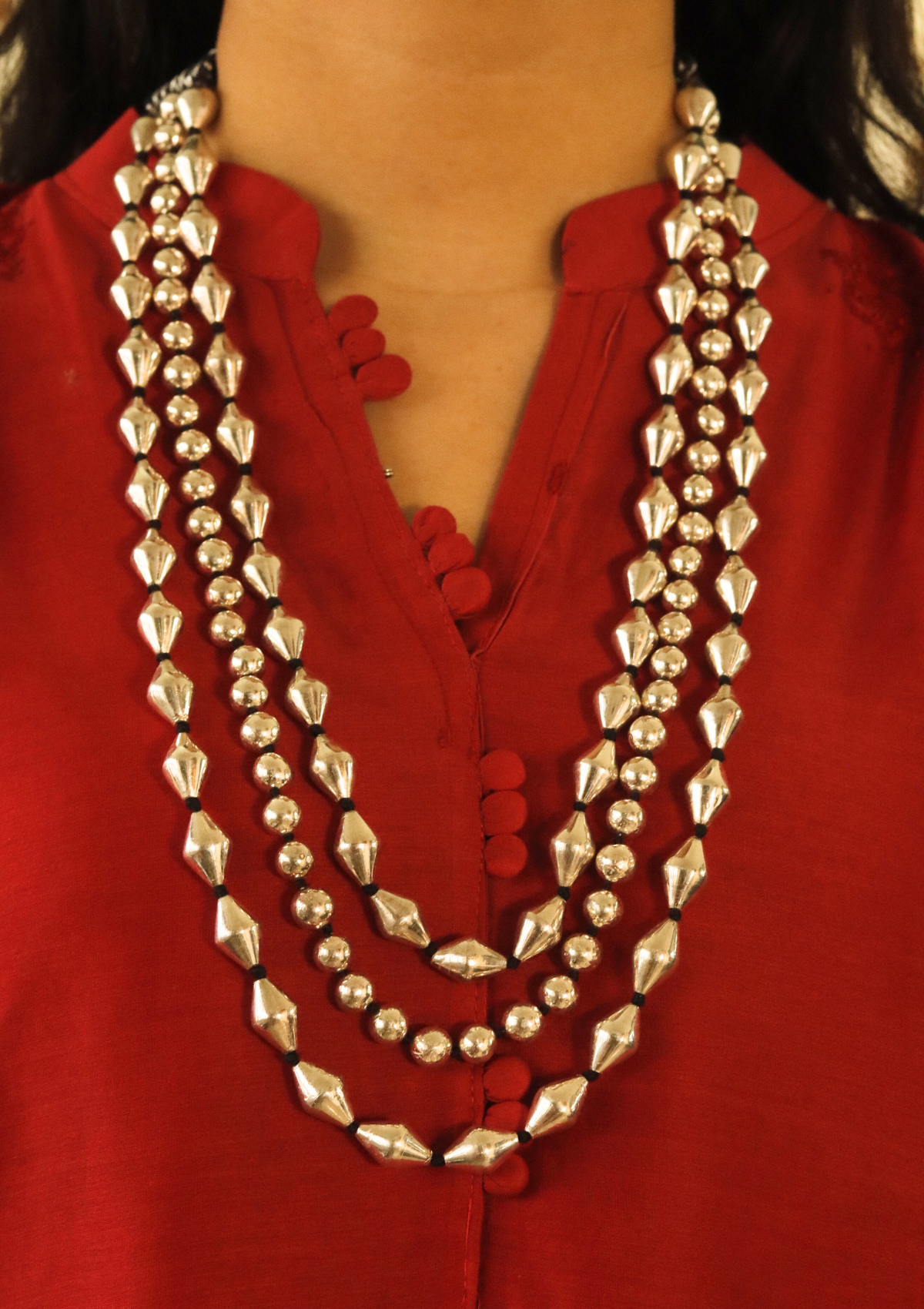 Three Layered Mix Dholki Beads Silver Necklace