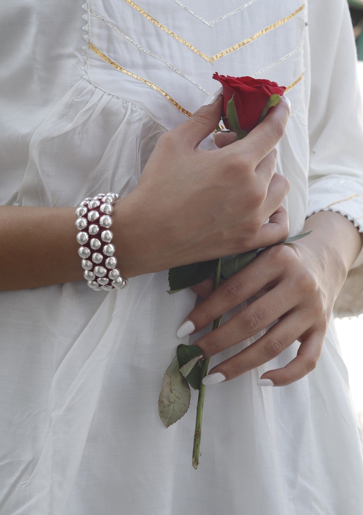 Round Dholki Beads Silver Bracelet