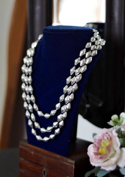 Three Layered Dholki Beads Silver Necklace