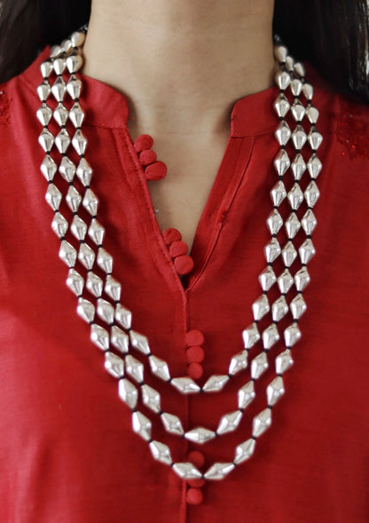 Three Layered Dholki Beads Silver Necklace