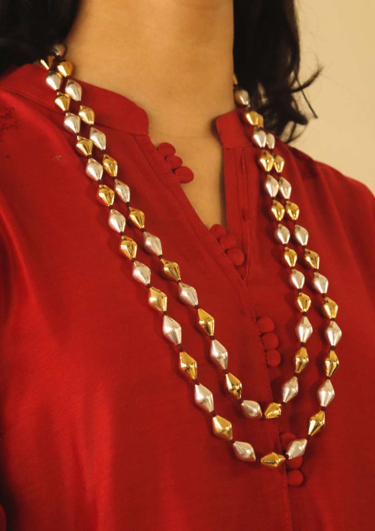 60 Inch Long Gold Silver Mix Dholki Beads Necklace