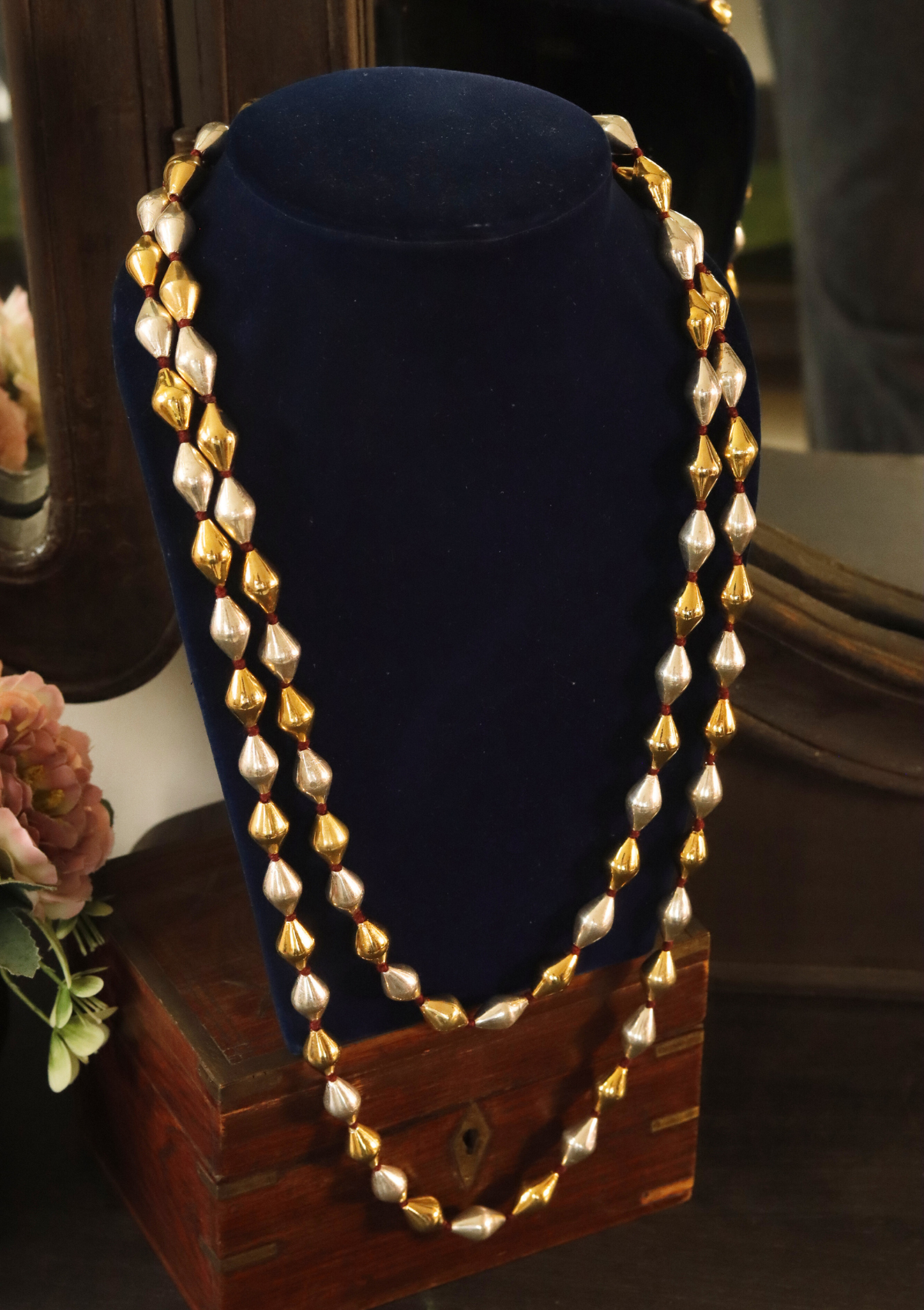 60 Inch Long Gold Silver Mix Dholki Beads Necklace