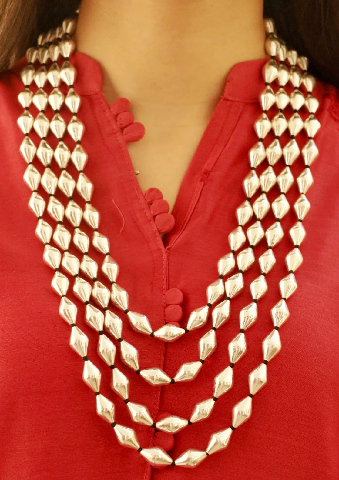 Dholki Beads 4 Layer Silver Necklace