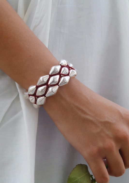 Dholki Beads Silver Bracelet