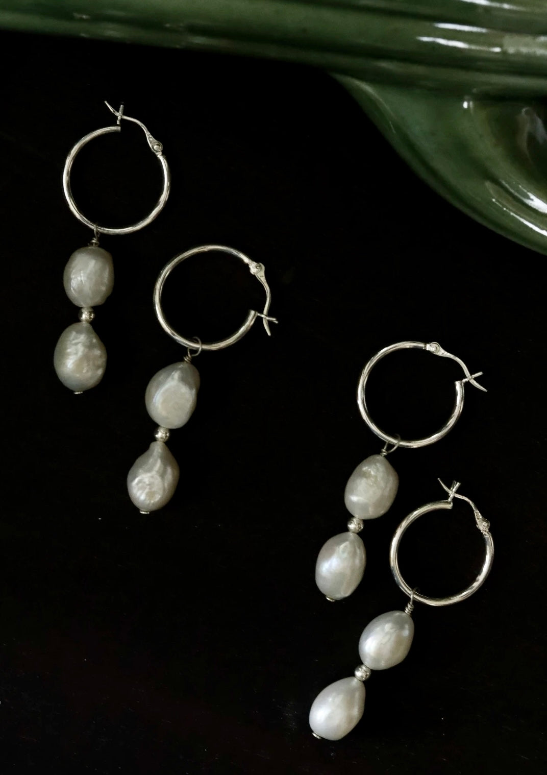 Double Pearl Loop Silver Earrings