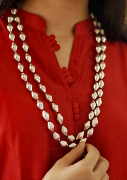 Double Layered Dholki Bead Silver Necklace