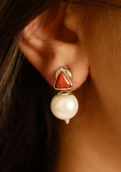 Coral Pearl Stud Earrings