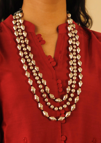 Three Layered Mix Dholki Beads Silver Necklace