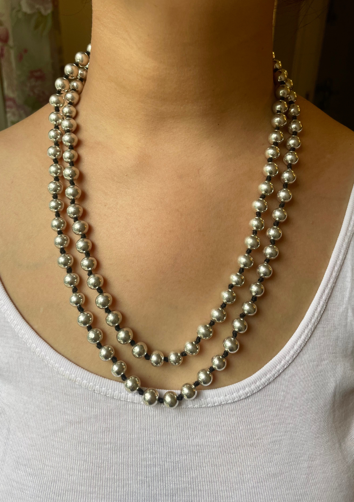 Round Double Layered Dholki Bead Silver Necklace