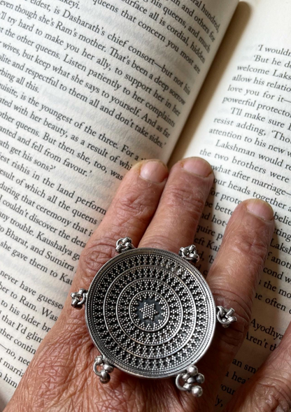 Mandala ring with sterling silver and concave design 